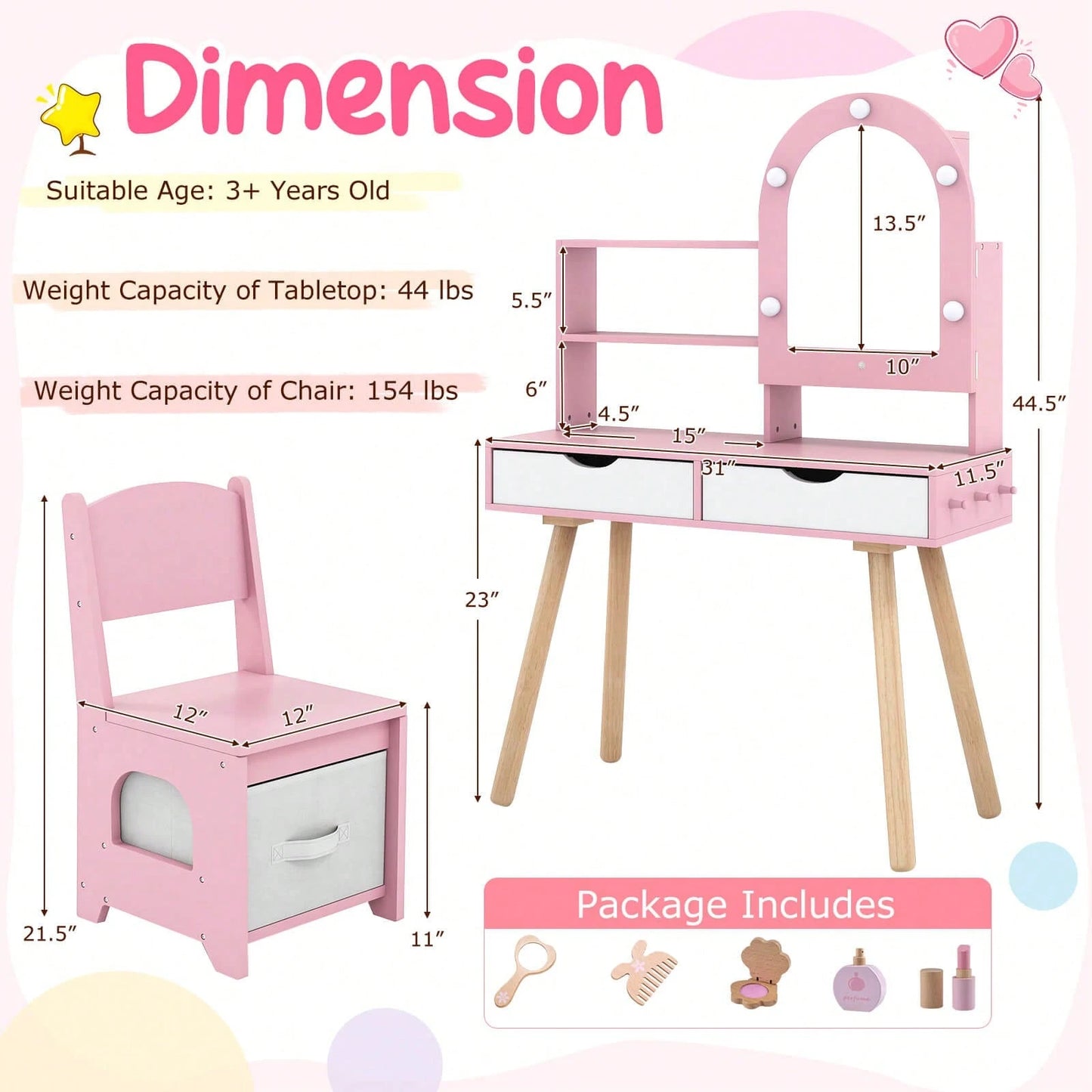 Lifezeal Kids Vanity Set With 3-Color Lighting Modes, Adjustable Brightness, Mirror Cabinet White/Pink