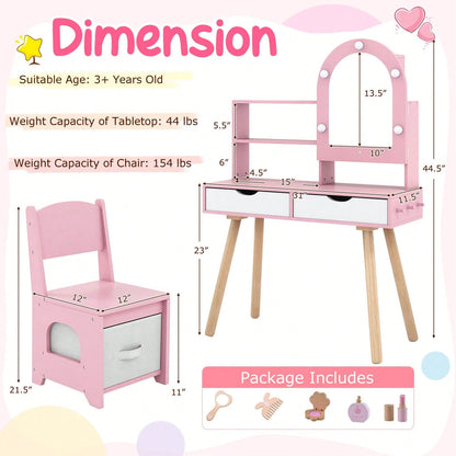 Lifezeal Kids Vanity Set With 3-Color Lighting Modes, Adjustable Brightness, Mirror Cabinet White/Pink