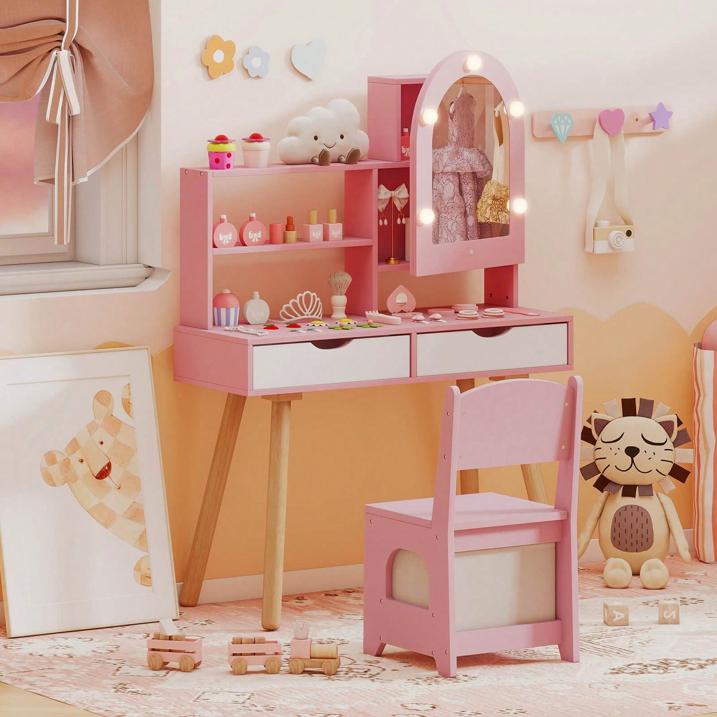 Lifezeal Kids Vanity Set With 3-Color Lighting Modes, Adjustable Brightness, Mirror Cabinet White/Pink