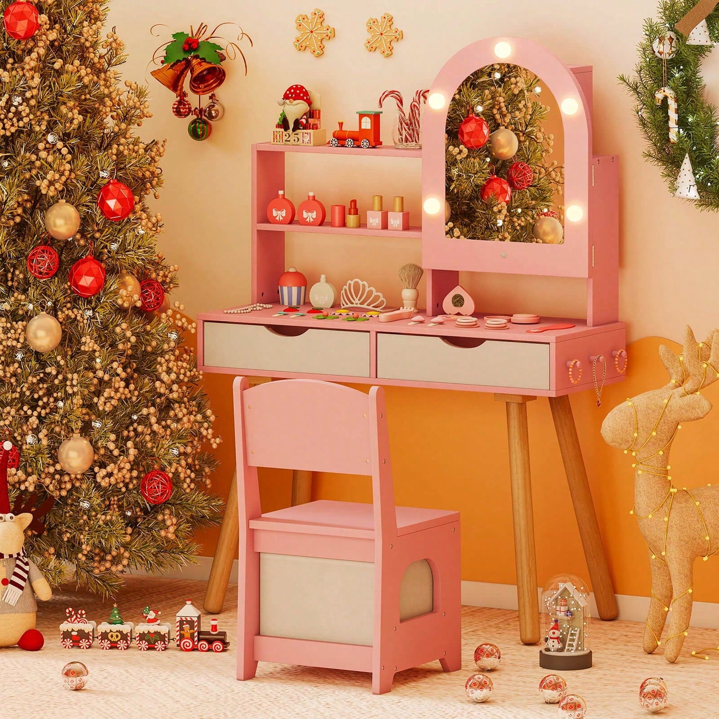 Lifezeal Kids Vanity Set With 3-Color Lighting Modes, Adjustable Brightness, Mirror Cabinet White/Pink