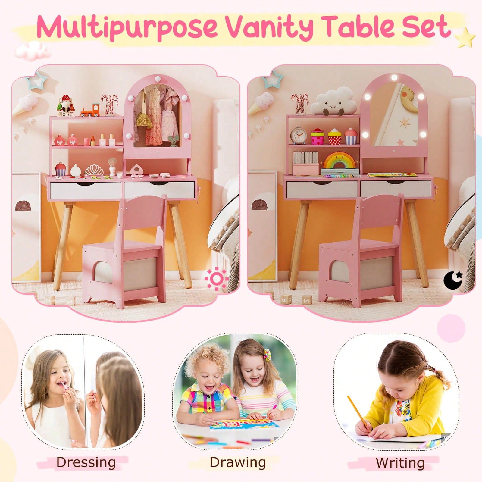 Lifezeal Kids Vanity Set With 3-Color Lighting Modes, Adjustable Brightness, Mirror Cabinet White/Pink