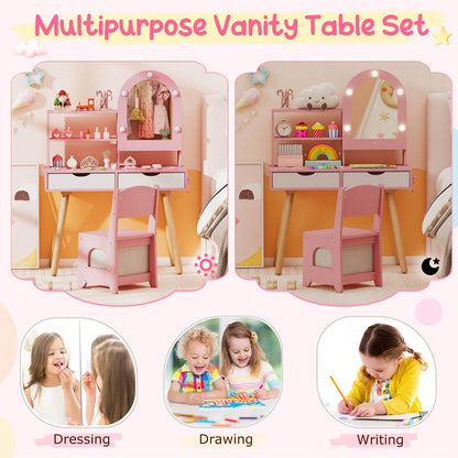 Lifezeal Kids Vanity Set With 3-Color Lighting Modes, Adjustable Brightness, Mirror Cabinet White/Pink