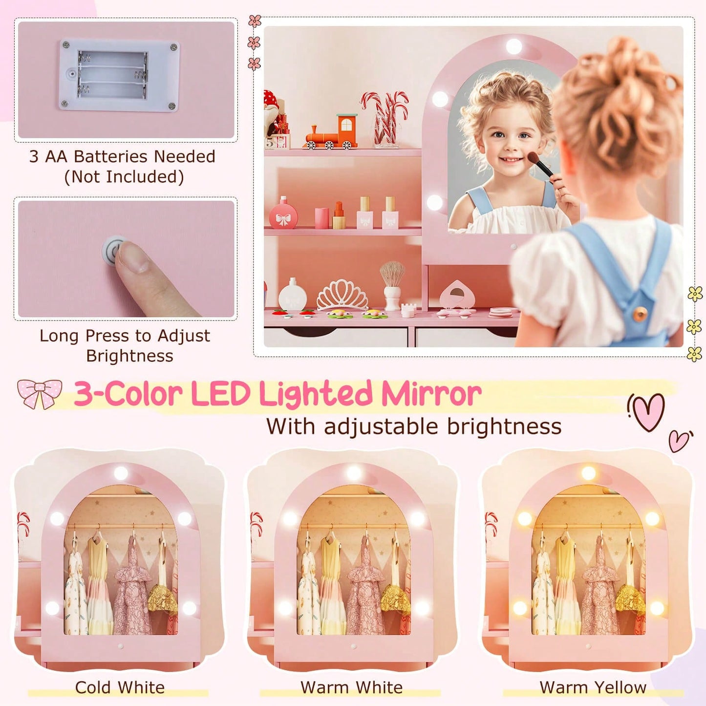 Lifezeal Kids Vanity Set With 3-Color Lighting Modes, Adjustable Brightness, Mirror Cabinet White/Pink