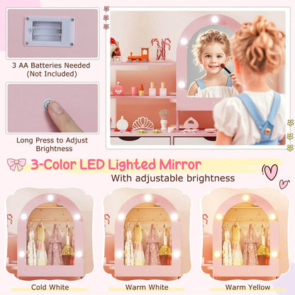 Lifezeal Kids Vanity Set With 3-Color Lighting Modes, Adjustable Brightness, Mirror Cabinet White/Pink