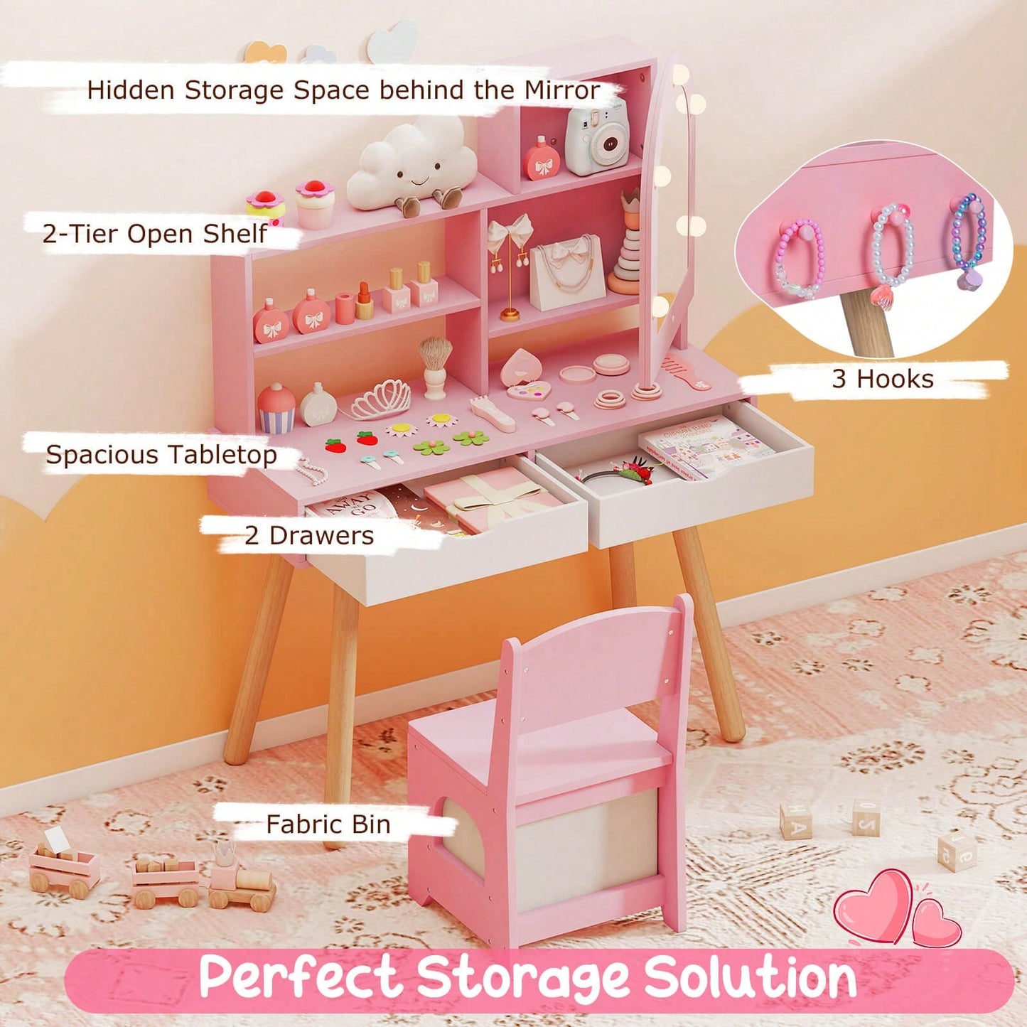 Lifezeal Kids Vanity Set With 3-Color Lighting Modes, Adjustable Brightness, Mirror Cabinet White/Pink