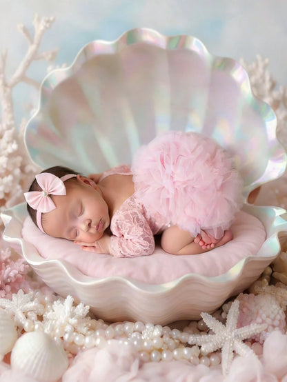 Light Pink Newborn Photography Lace Romper Bowknot Pearl Headband Summer Aesthetic Kawaii Cute Birthday Photoshoot Baby Shower Baby Girl