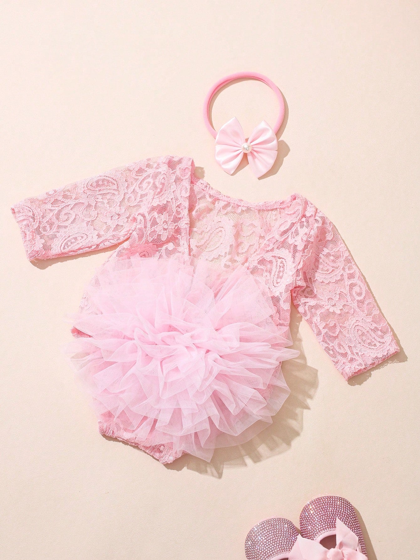 Light Pink Newborn Photography Lace Romper Bowknot Pearl Headband Summer Aesthetic Kawaii Cute Birthday Photoshoot Baby Shower Baby Girl
