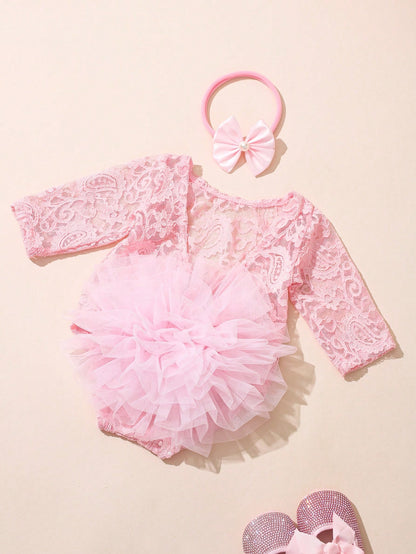 Light Pink Newborn Photography Lace Romper Bowknot Pearl Headband Summer Aesthetic Kawaii Cute Birthday Photoshoot Baby Shower Baby Girl