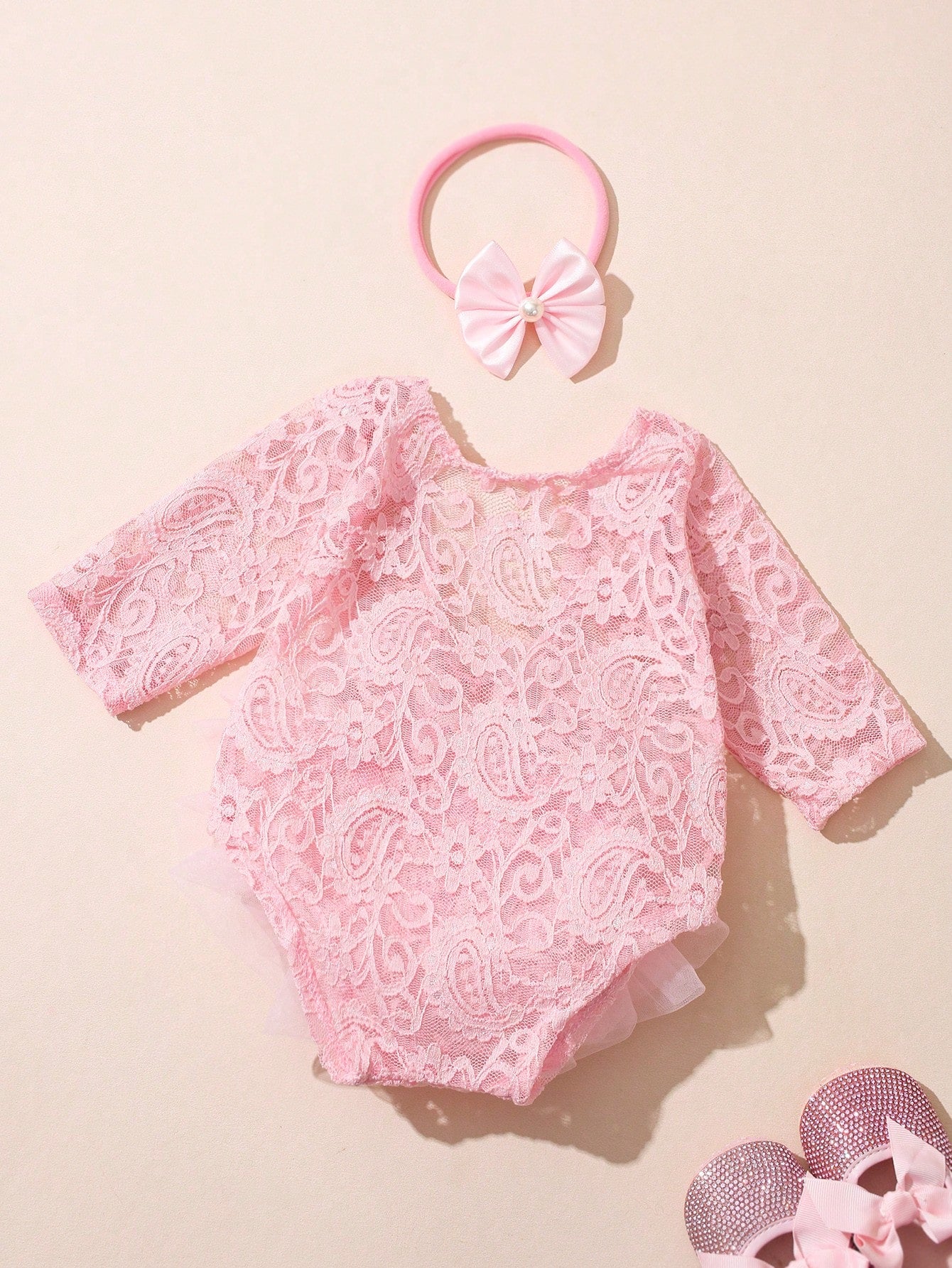 Light Pink Newborn Photography Lace Romper Bowknot Pearl Headband Summer Aesthetic Kawaii Cute Birthday Photoshoot Baby Shower Baby Girl