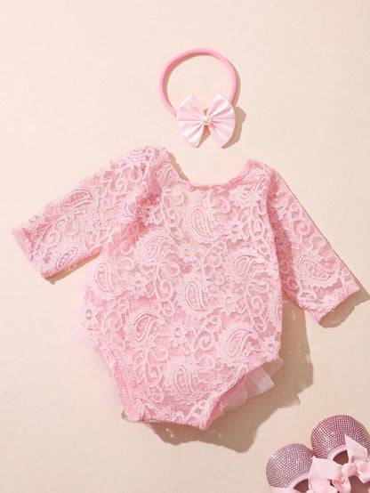 Light Pink Newborn Photography Lace Romper Bowknot Pearl Headband Summer Aesthetic Kawaii Cute Birthday Photoshoot Baby Shower Baby Girl