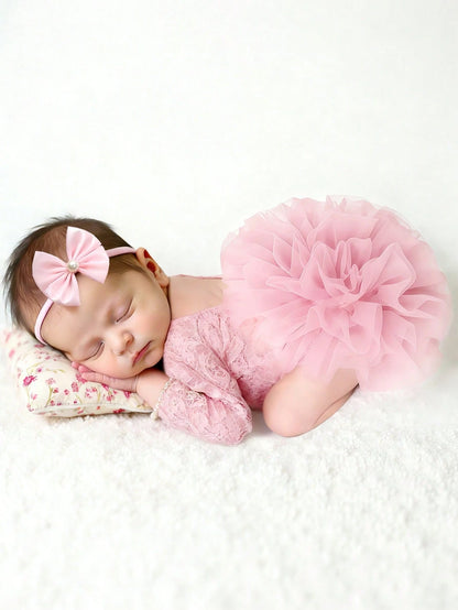 Light Pink Newborn Photography Lace Romper Bowknot Pearl Headband Summer Aesthetic Kawaii Cute Birthday Photoshoot Baby Shower Baby Girl