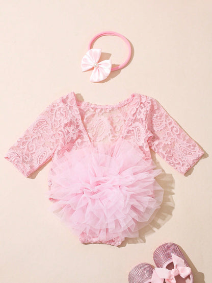 Light Pink Newborn Photography Lace Romper Bowknot Pearl Headband Summer Aesthetic Kawaii Cute Birthday Photoshoot Baby Shower Baby Girl