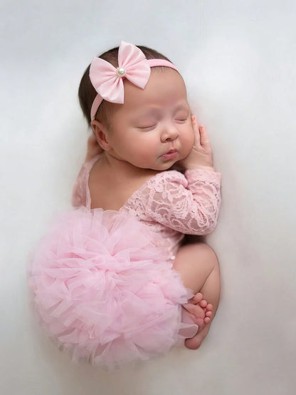 Light Pink Newborn Photography Lace Romper Bowknot Pearl Headband Summer Aesthetic Kawaii Cute Birthday Photoshoot Baby Shower Baby Girl