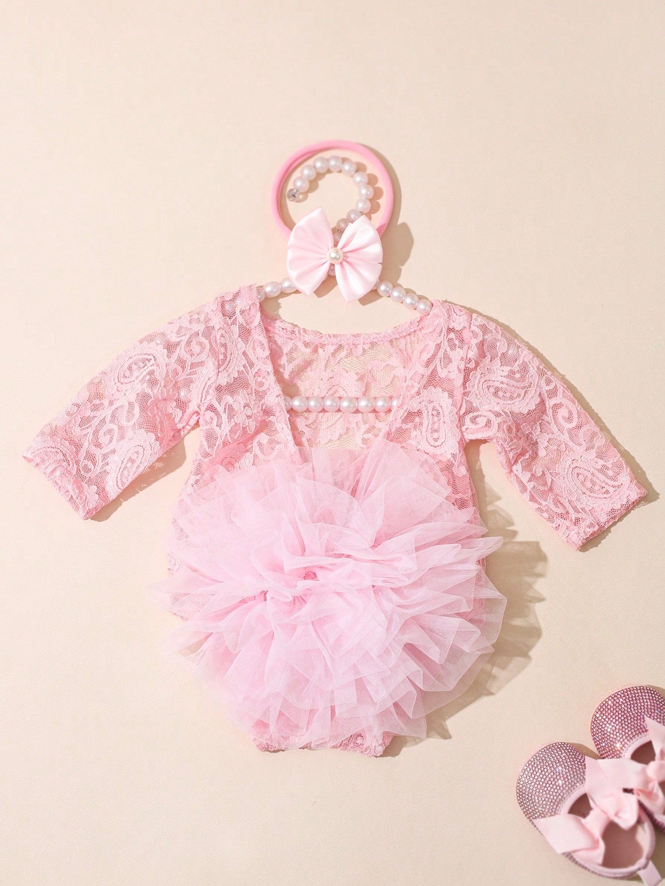 Light Pink Newborn Photography Lace Romper Bowknot Pearl Headband Summer Aesthetic Kawaii Cute Birthday Photoshoot Baby Shower Baby Girl