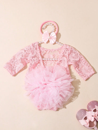 Light Pink Newborn Photography Lace Romper Bowknot Pearl Headband Summer Aesthetic Kawaii Cute Birthday Photoshoot Baby Shower Baby Girl