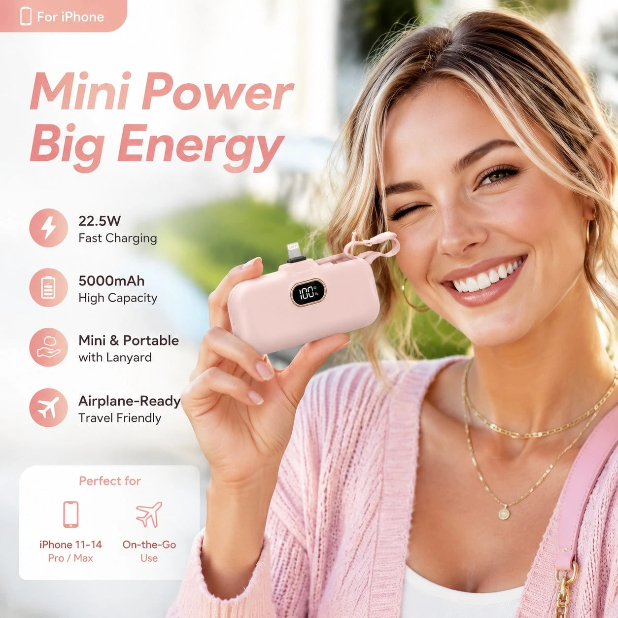 Lightweight Pink 5000mAh Capsule Charger With Lightning Plug, USB-C Cable And 22.5W Fast Charge Output, With Visible Battery Percentage Screen, Compact Capsule Shell And Lanyard For Quick Travel Acces