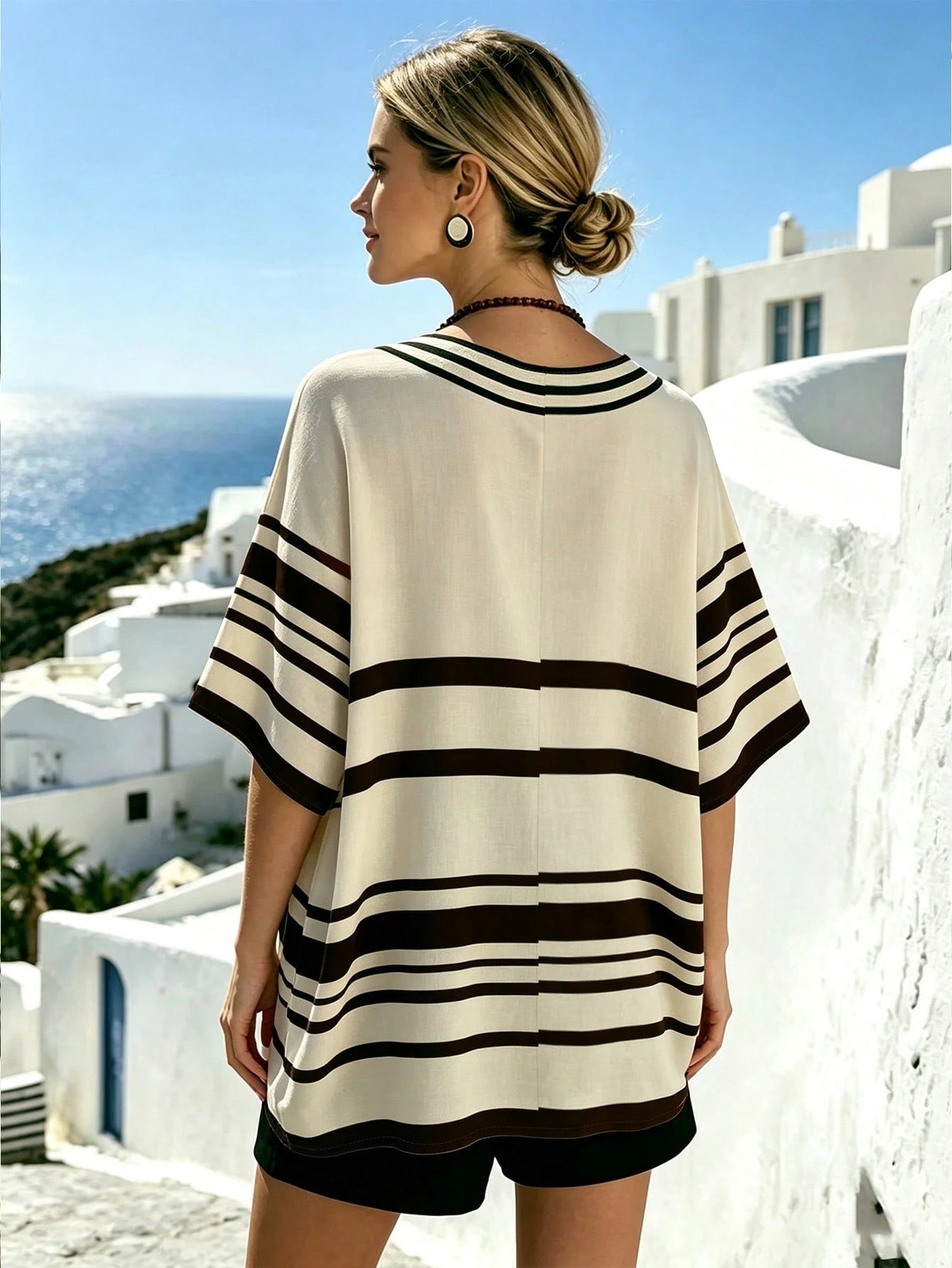 Linhara CURVE Plus Size Casual Striped Print V-Neck Drop Shoulder Short Sleeve Loose Shirt Beach Cover-Up Women's Summer Striped Top