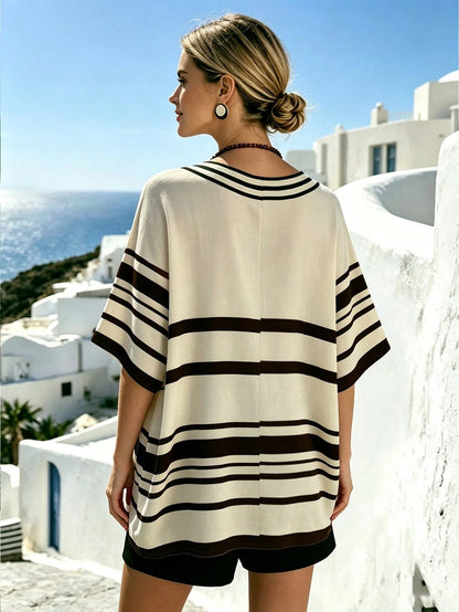 Linhara CURVE Plus Size Casual Striped Print V-Neck Drop Shoulder Short Sleeve Loose Shirt Beach Cover-Up Women's Summer Striped Top