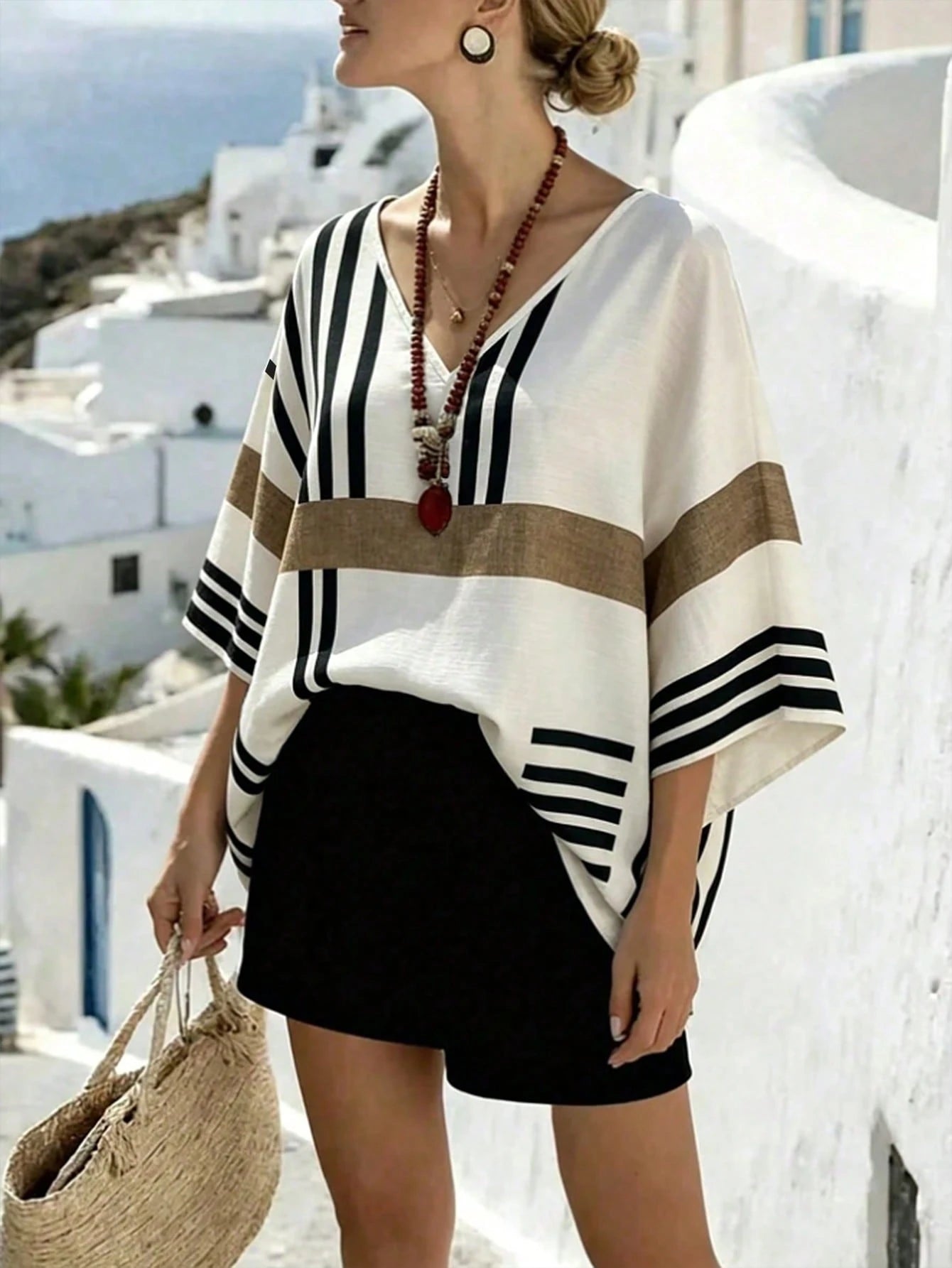 Linhara CURVE Plus Size Casual Striped Print V-Neck Drop Shoulder Short Sleeve Loose Shirt Beach Cover-Up Women's Summer Striped Top