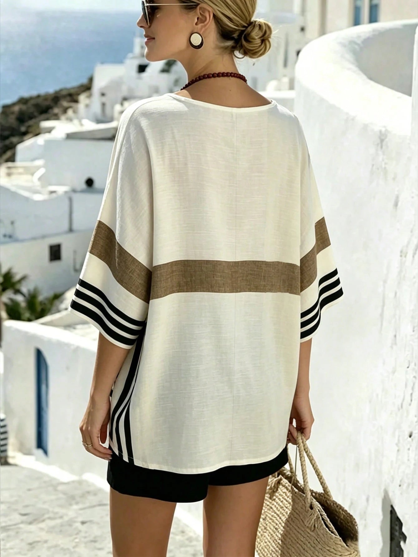 Linhara CURVE Plus Size Casual Striped Print V-Neck Drop Shoulder Short Sleeve Loose Shirt Beach Cover-Up Women's Summer Striped Top