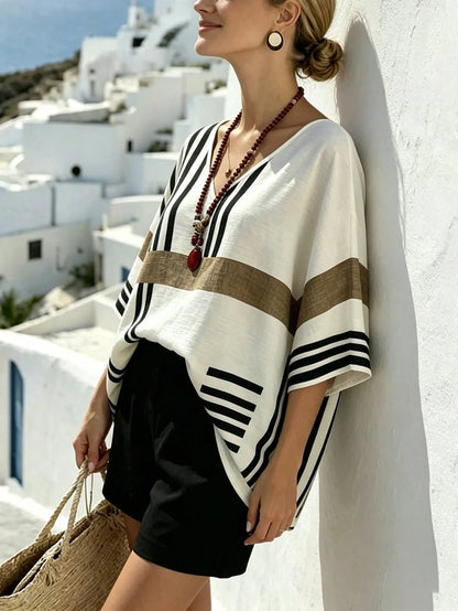 Linhara CURVE Plus Size Casual Striped Print V-Neck Drop Shoulder Short Sleeve Loose Shirt Beach Cover-Up Women's Summer Striped Top