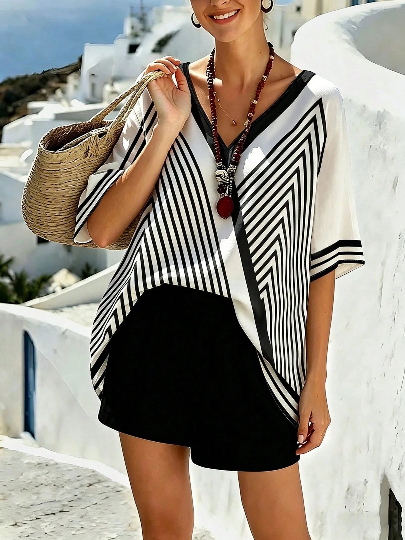 Linhara CURVE Plus Size Casual Striped Print V-Neck Drop Shoulder Short Sleeve Loose Shirt Beach Cover-Up Women's Summer Striped Top