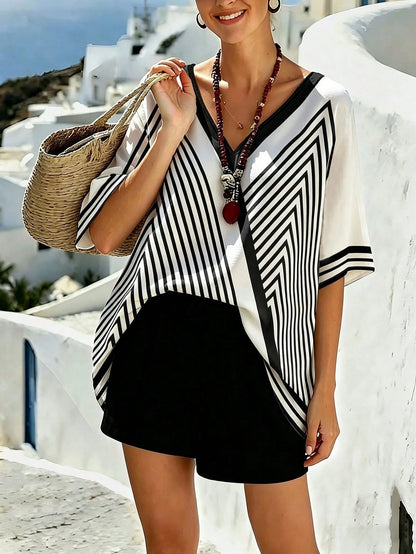 Linhara CURVE Plus Size Casual Striped Print V-Neck Drop Shoulder Short Sleeve Loose Shirt Beach Cover-Up Women's Summer Striped Top