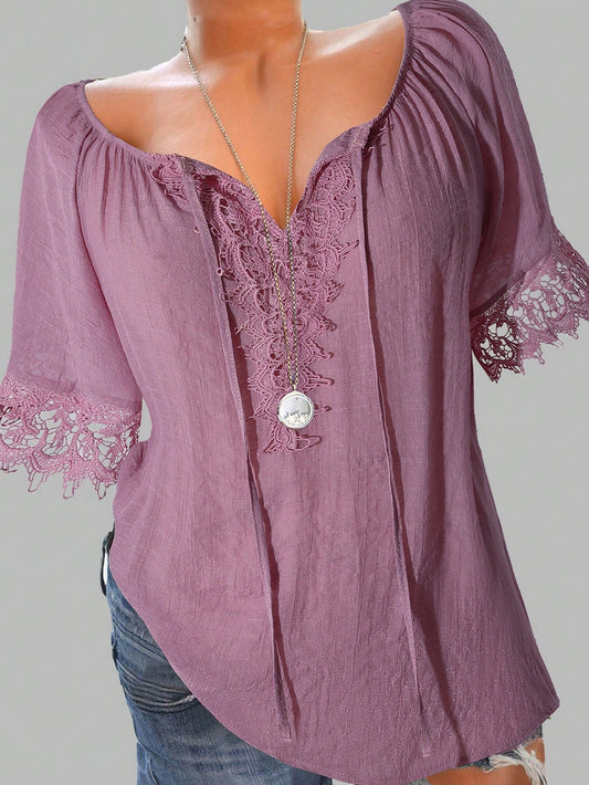 Linhara Plus Size Solid Color Short Sleeve Lace Patchwork Casual Summer T-Shirt For Women