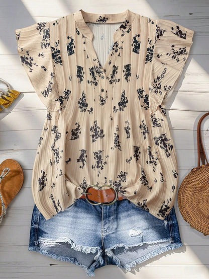 Linhara Plus Size Women Casual Vacation Floral Print Ruffle Trim Shirt