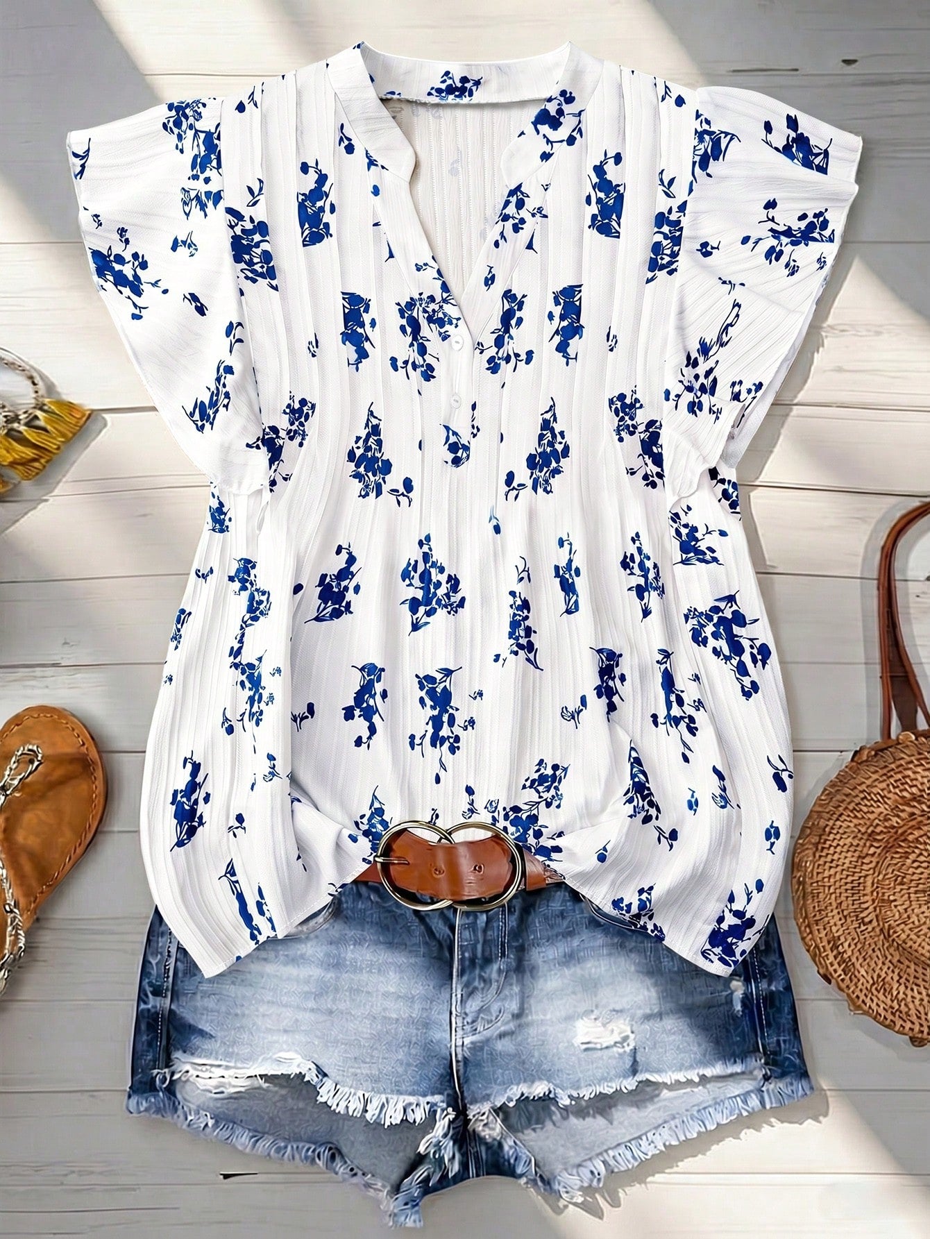 Linhara Plus Size Women Casual Vacation Floral Print Ruffle Trim Shirt