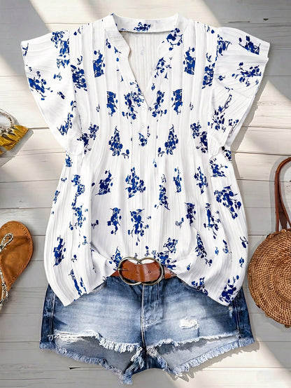 Linhara Plus Size Women Casual Vacation Floral Print Ruffle Trim Shirt