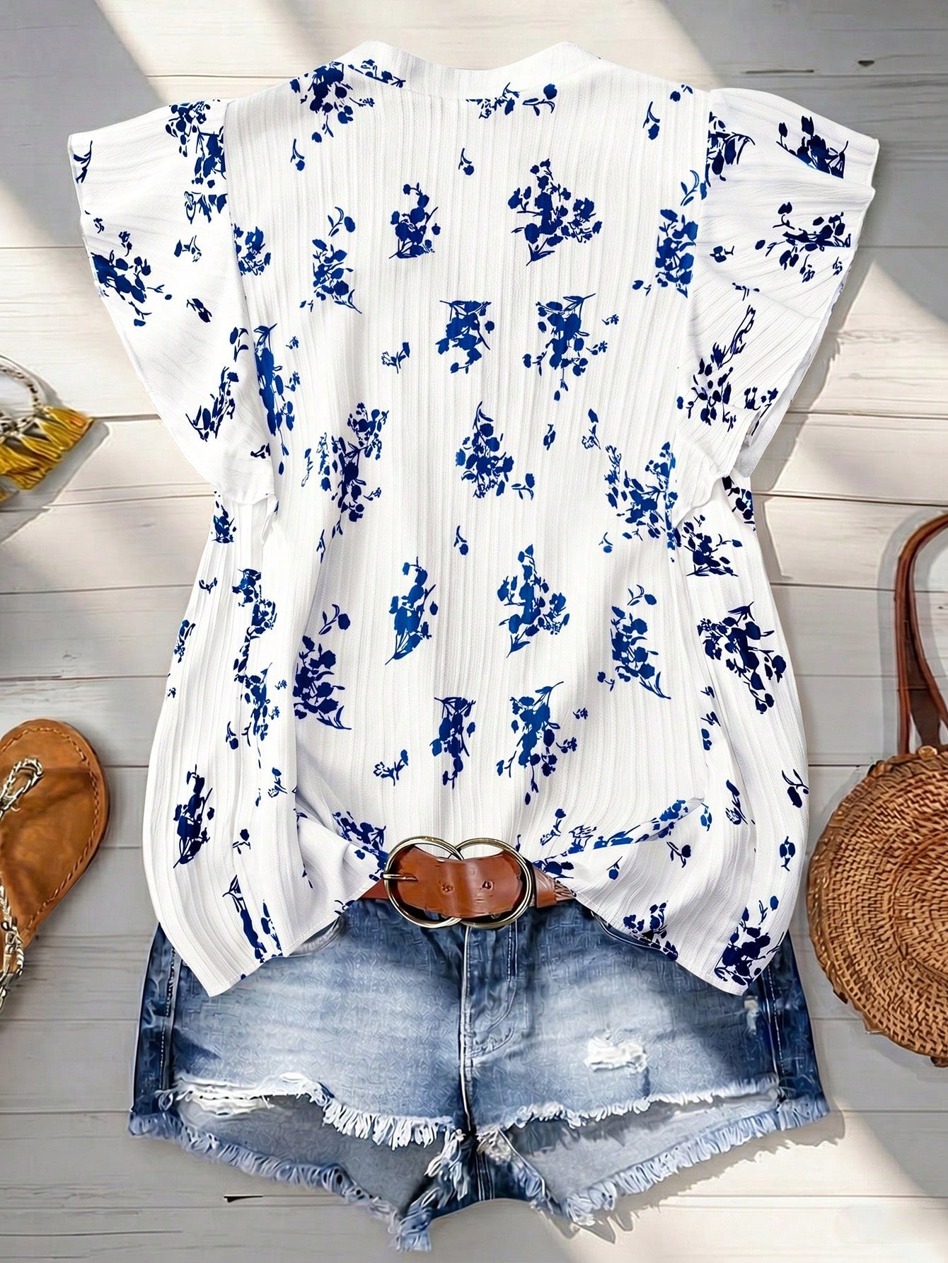 Linhara Plus Size Women Casual Vacation Floral Print Ruffle Trim Shirt