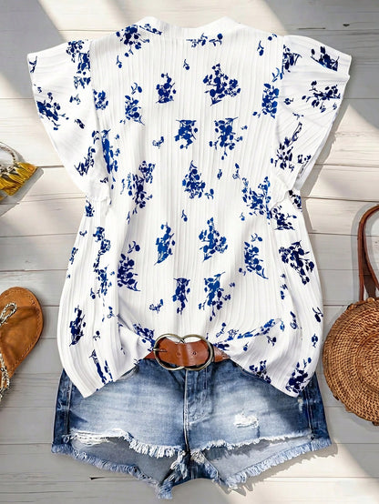 Linhara Plus Size Women Casual Vacation Floral Print Ruffle Trim Shirt
