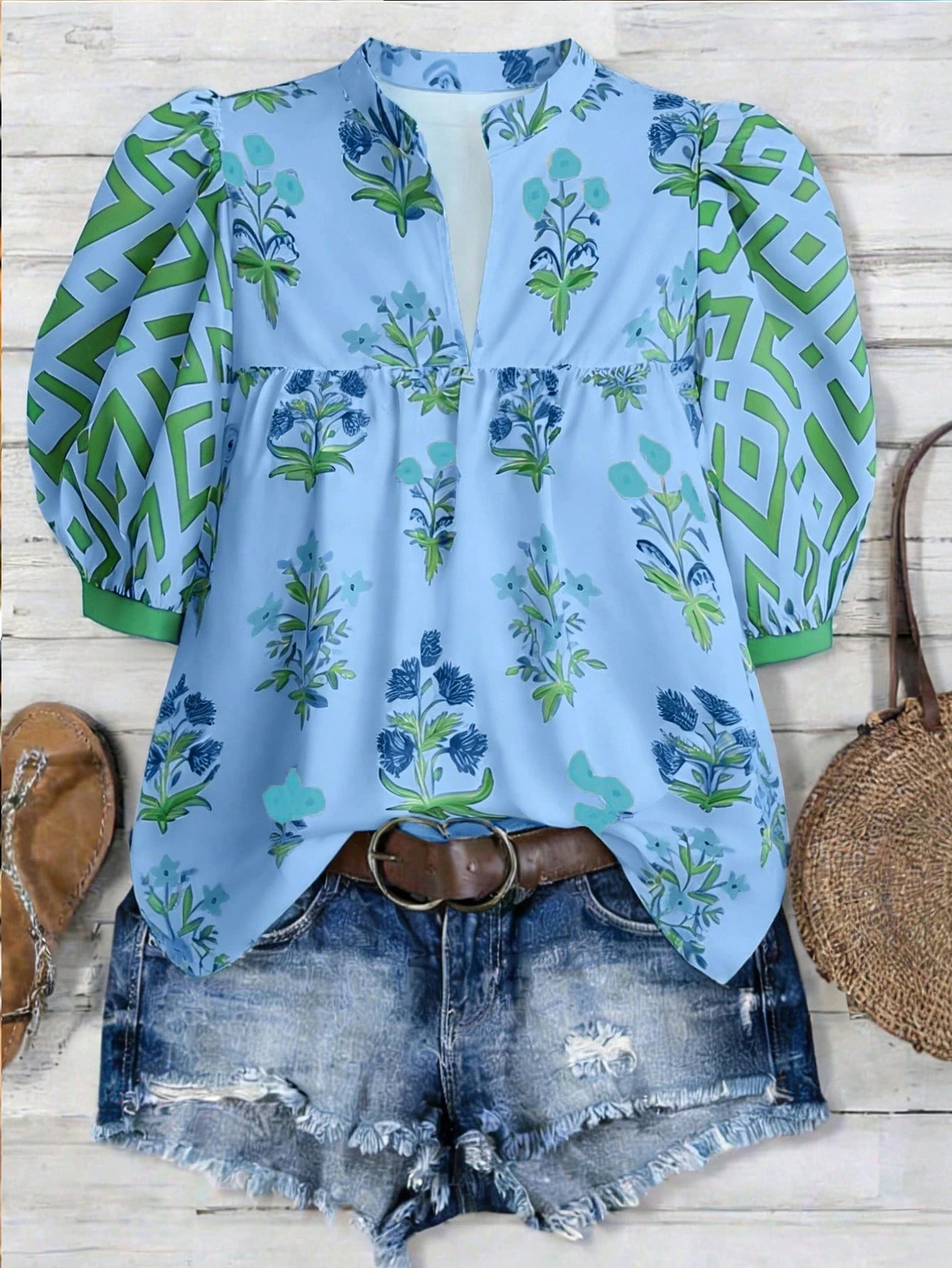 Linhara Plus Size Women's Vacation Puff Sleeve V-Neck Casual Holiday Printed Blouse, Spring/Summer Bohemian Style Vintage Tops
