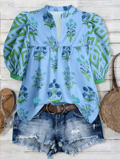Linhara Plus Size Women's Vacation Puff Sleeve V-Neck Casual Holiday Printed Blouse, Spring/Summer Bohemian Style Vintage Tops