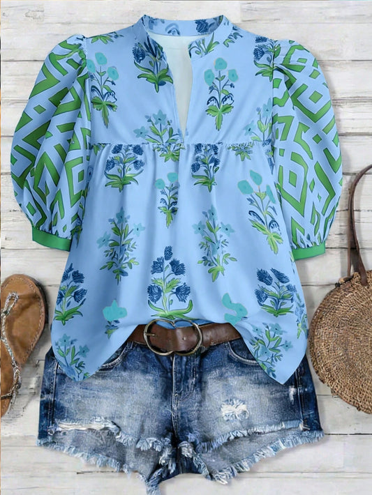 Linhara Plus Size Women's Vacation Puff Sleeve V-Neck Casual Holiday Printed Blouse, Spring/Summer Bohemian Style Vintage Tops