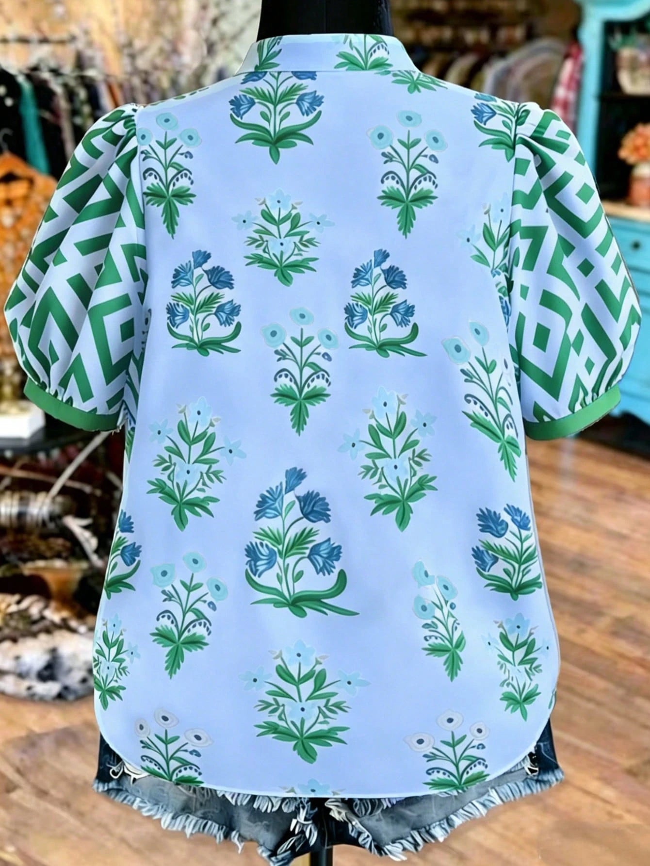 Linhara Plus Size Women's Vacation Puff Sleeve V-Neck Casual Holiday Printed Blouse, Spring/Summer Bohemian Style Vintage Tops