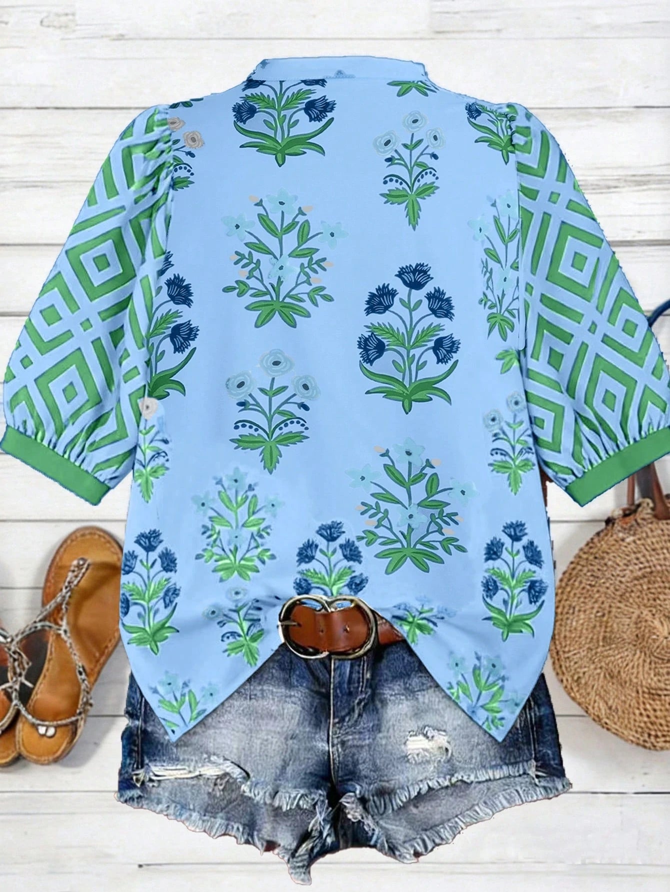 Linhara Plus Size Women's Vacation Puff Sleeve V-Neck Casual Holiday Printed Blouse, Spring/Summer Bohemian Style Vintage Tops