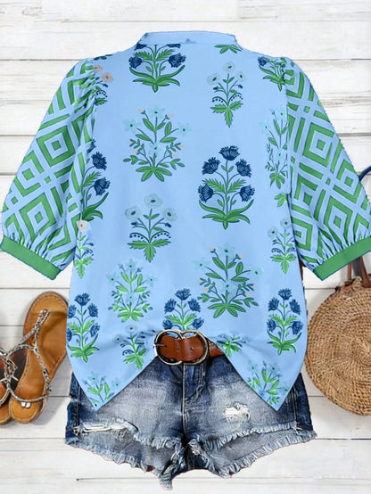 Linhara Plus Size Women's Vacation Puff Sleeve V-Neck Casual Holiday Printed Blouse, Spring/Summer Bohemian Style Vintage Tops