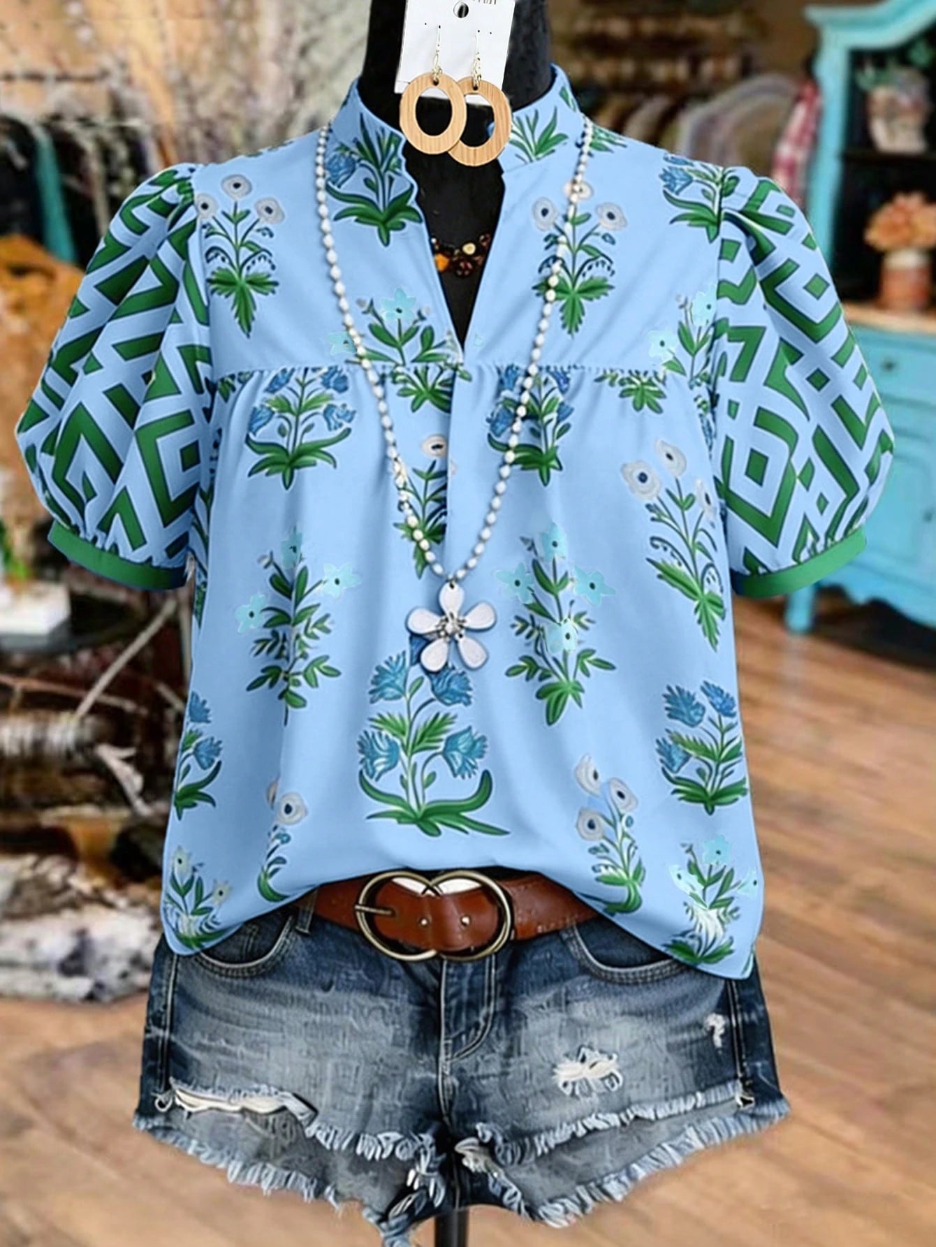 Linhara Plus Size Women's Vacation Puff Sleeve V-Neck Casual Holiday Printed Blouse, Spring/Summer Bohemian Style Vintage Tops
