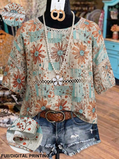 Linhara Vintage Floral Print Hollow Lantern Sleeve Blouse,Beige,Summer,Boho,Vacation,Holiday,Spring Garden Picnic,Cafe Hangout,Afternoon Tea,Urban Strolling
