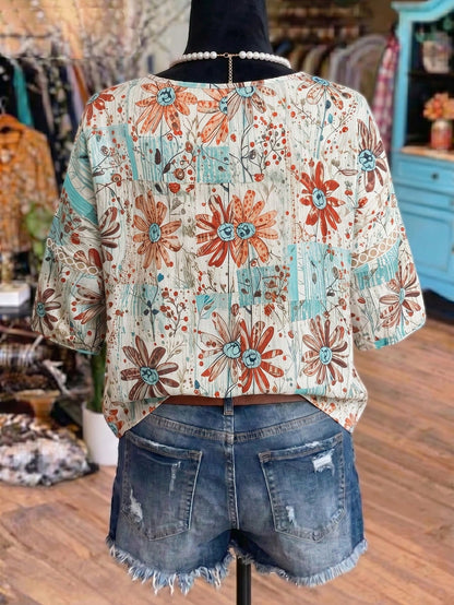 Linhara Vintage Floral Print Hollow Lantern Sleeve Blouse,Beige,Summer,Boho,Vacation,Holiday,Spring Garden Picnic,Cafe Hangout,Afternoon Tea,Urban Strolling