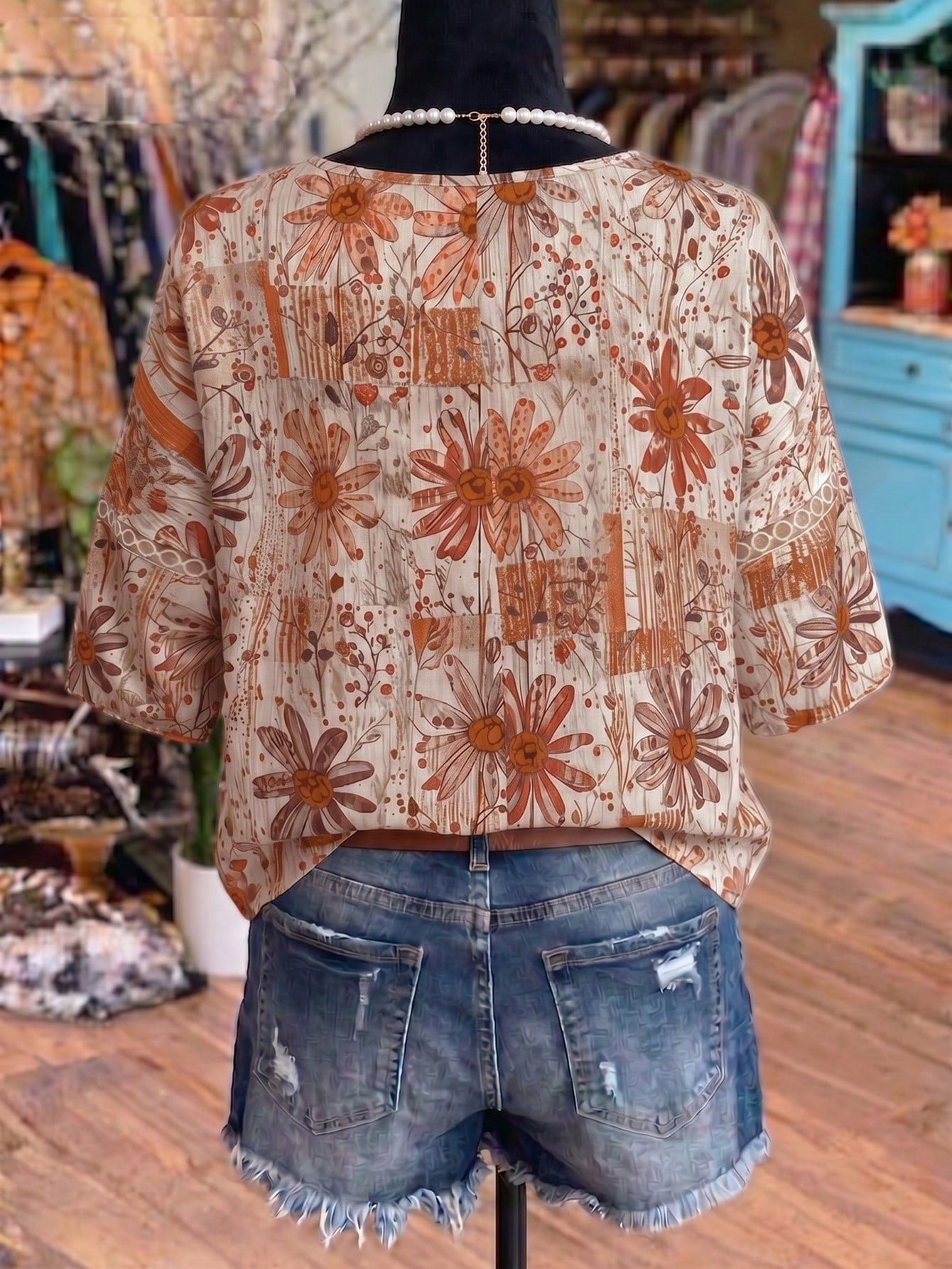Linhara Vintage Floral Print Hollow Lantern Sleeve Blouse,Beige,Summer,Boho,Vacation,Holiday,Spring Garden Picnic,Cafe Hangout,Afternoon Tea,Urban Strolling