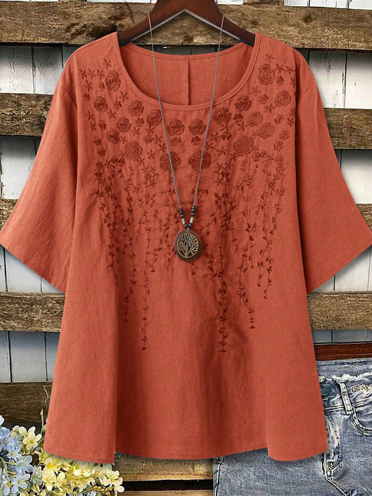 Linhara Women Plus Size Plain Linen-Like Round Neck Embroidery 3/4 Sleeve Casual Blouse