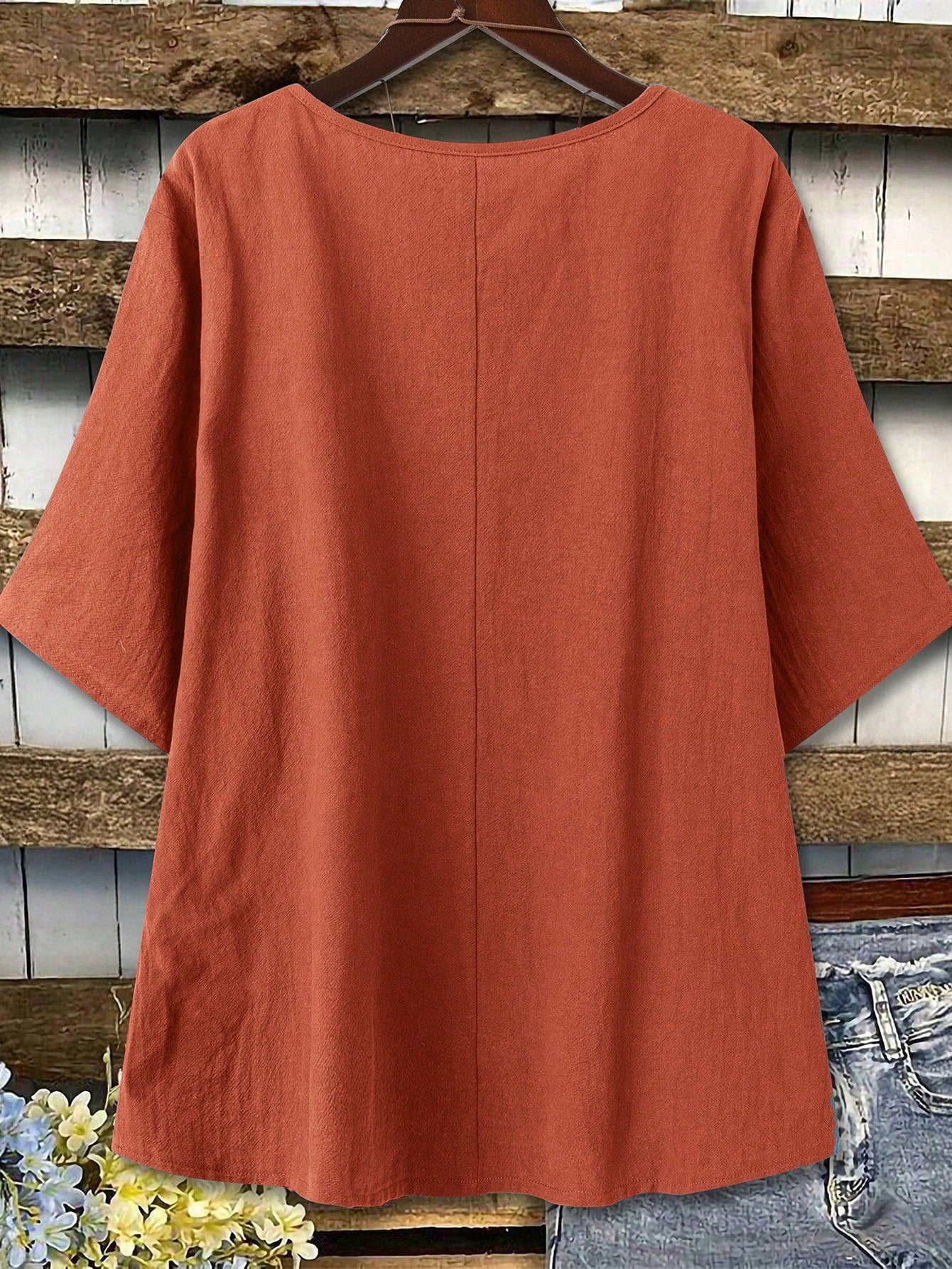 Linhara Women Plus Size Plain Linen-Like Round Neck Embroidery 3/4 Sleeve Casual Blouse
