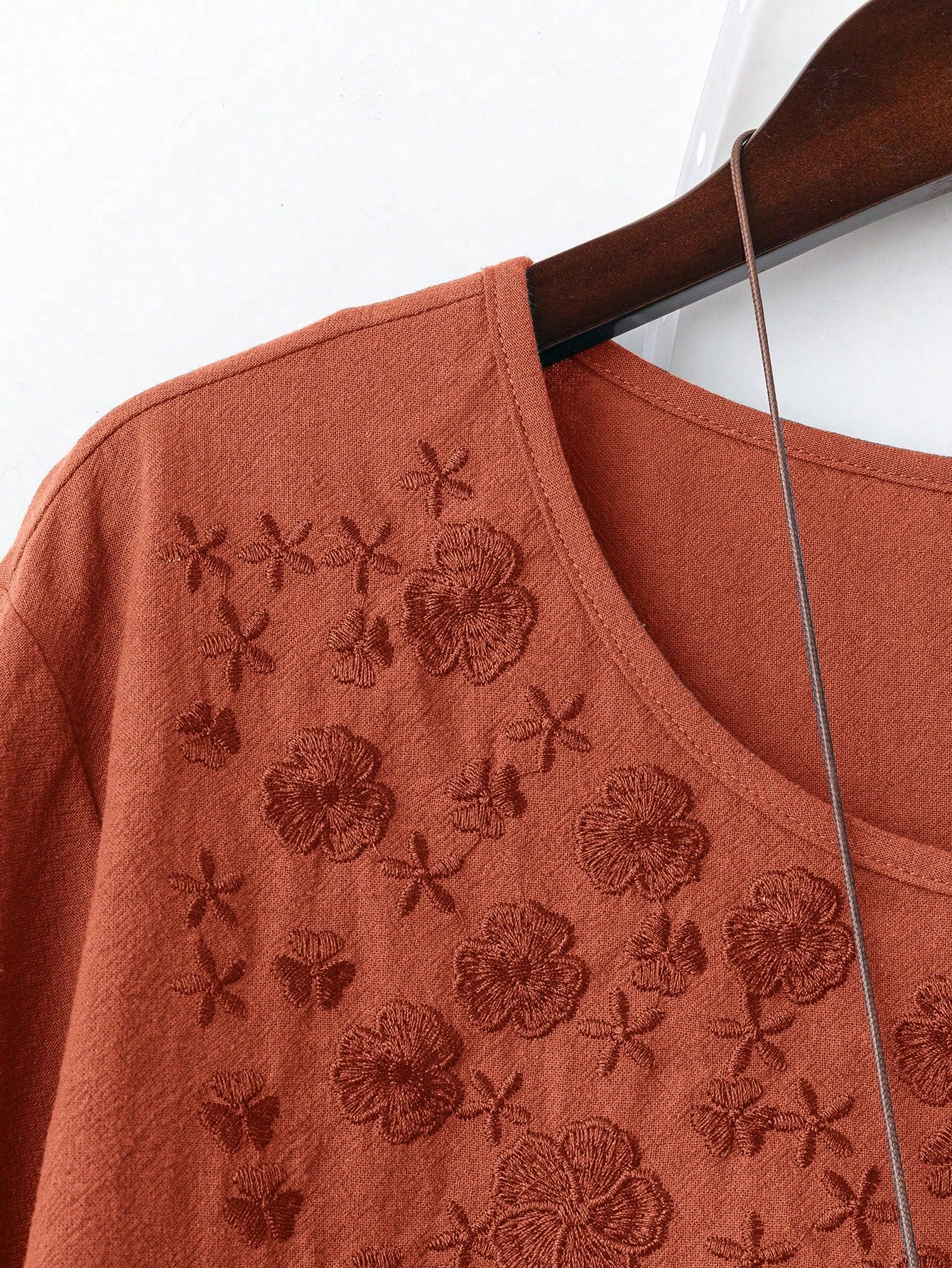 Linhara Women Plus Size Plain Linen-Like Round Neck Embroidery 3/4 Sleeve Casual Blouse