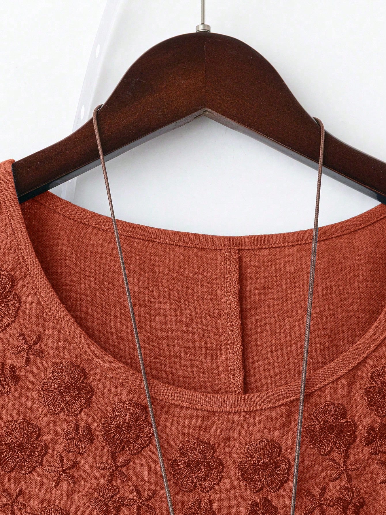 Linhara Women Plus Size Plain Linen-Like Round Neck Embroidery 3/4 Sleeve Casual Blouse