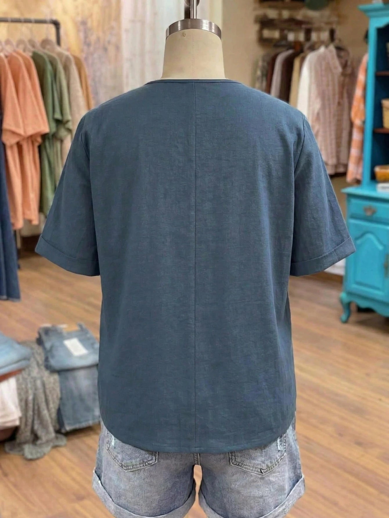 Linhara Women Plus Size Plain Linen-Like Round Neck Embroidery 3/4 Sleeve Casual Blouse