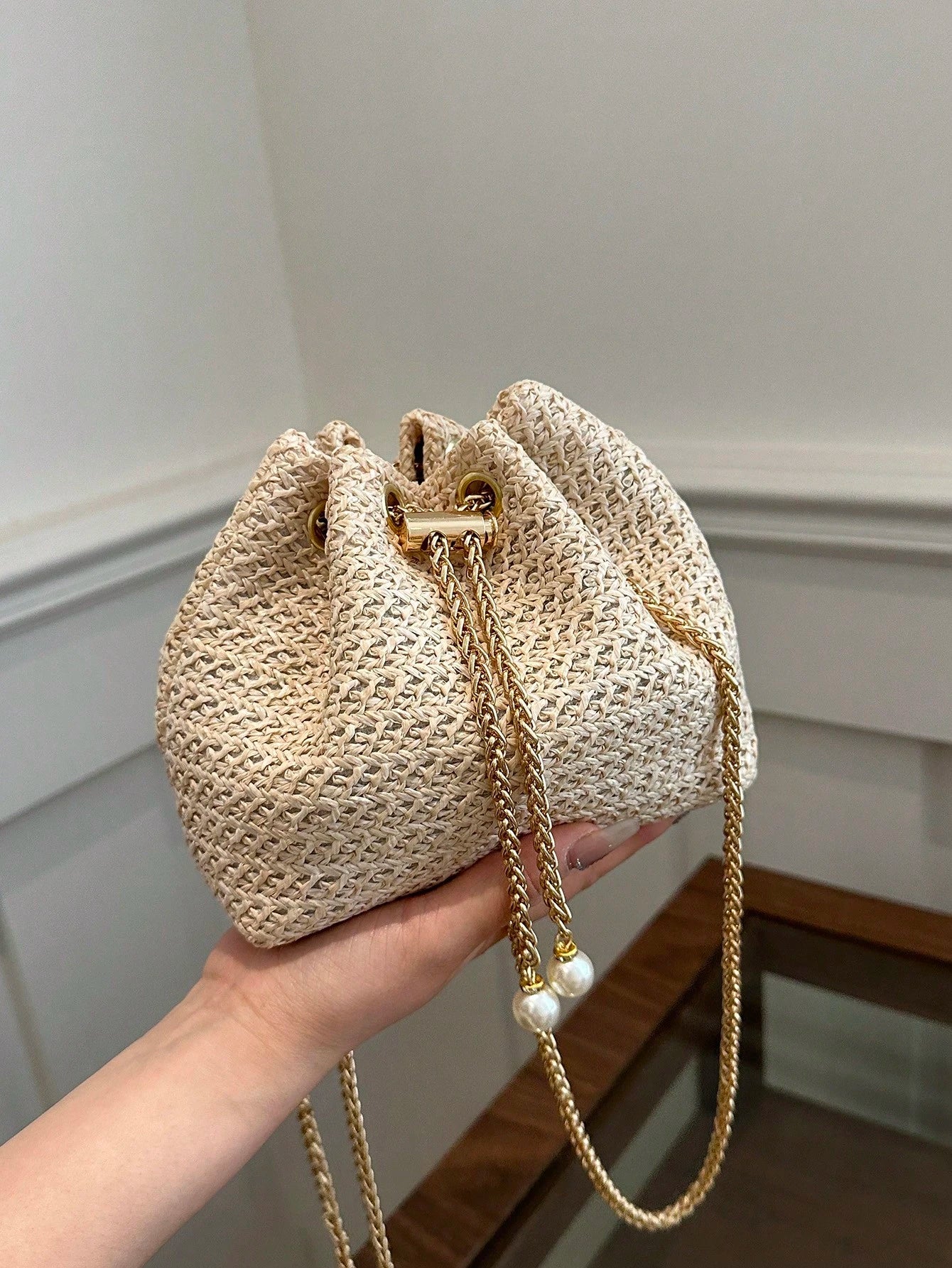 Livesso Fashion Solid Color Hollow Out Woven Chain Drawstring Mini Crossbody Bucket Bag, Small Bags