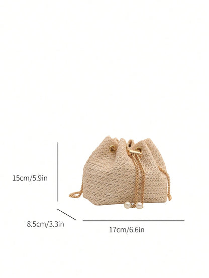 Livesso Fashion Solid Color Hollow Out Woven Chain Drawstring Mini Crossbody Bucket Bag, Small Bags